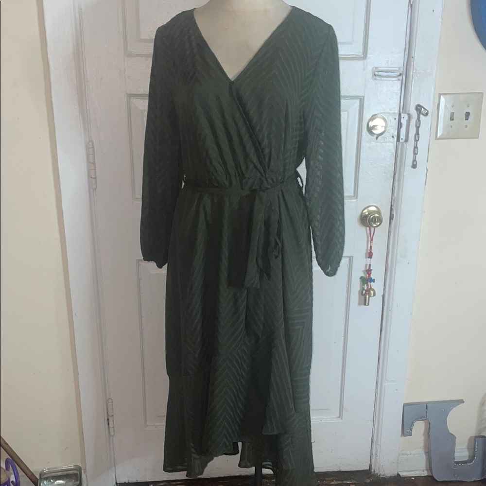 BloomChic Dark Olive Green Long Sleeve Wrap Midi Dress
